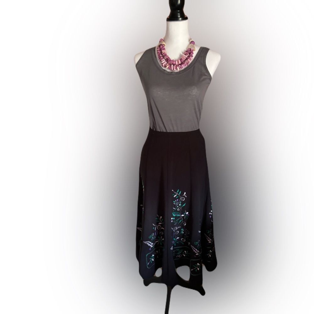 Sunny Leigh Embroidered Midi Skirt Size 6 Black Floral A-Line Cottagecore